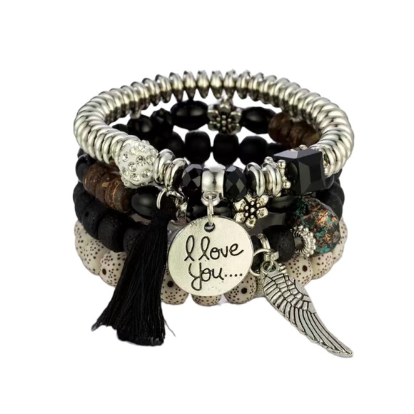 Set of 4 Boho Style Black and Silver Elastic Bracelet Set - Picture 2 of 7